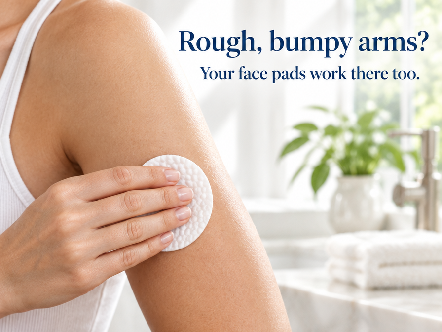 Swiping a Luminelle Glow Pad over a rough, bumpy upper arm
