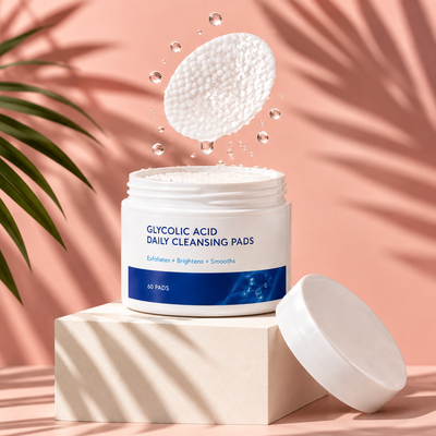Luminelle Glycolic Acid Daily Cleansing Pads, 60 pre-soaked pads, open jar with a pad lifted out