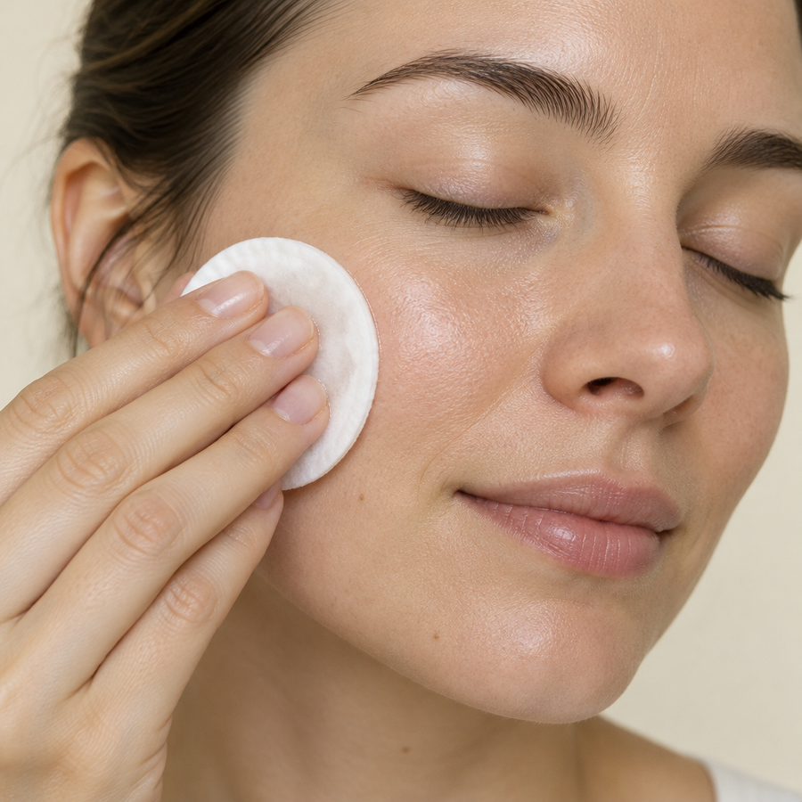 Woman gently swiping a soaked pad across her cheek