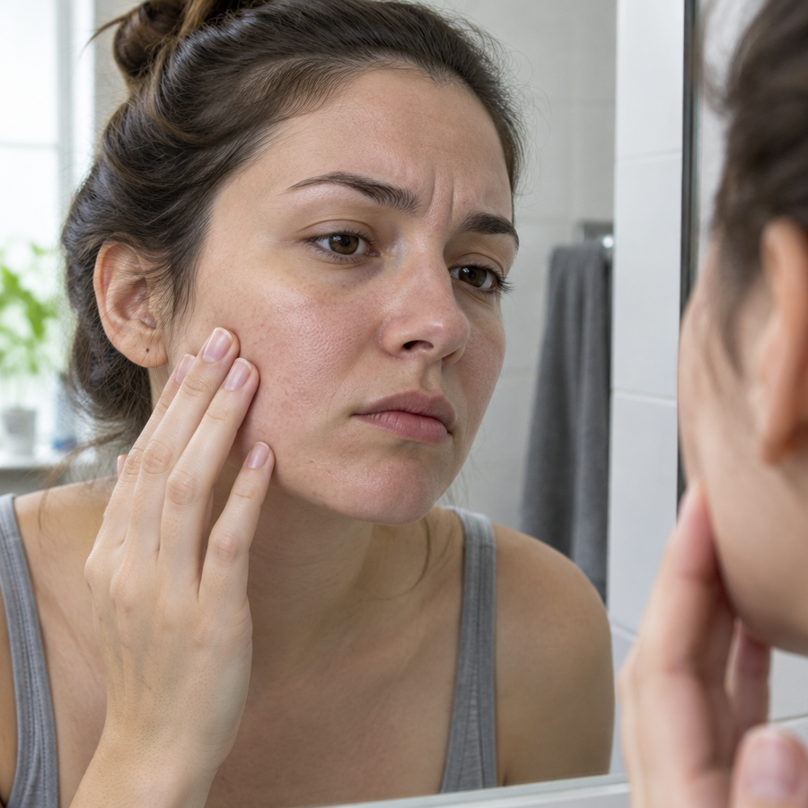 Woman checking dull, rough skin in a bathroom mirror