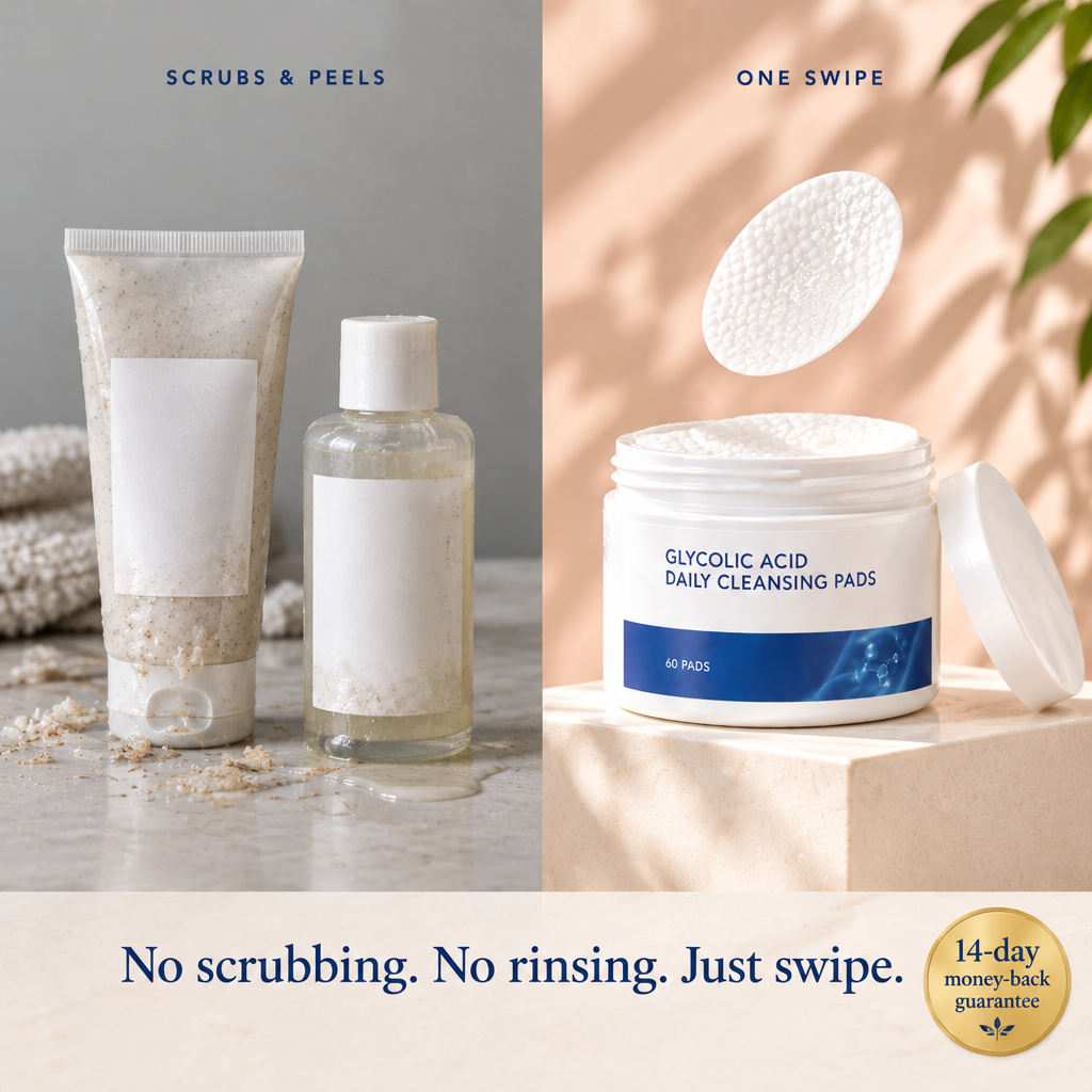 Scrubs and peels vs one swipe: no scrubbing, no rinsing, 14-day money-back guarantee