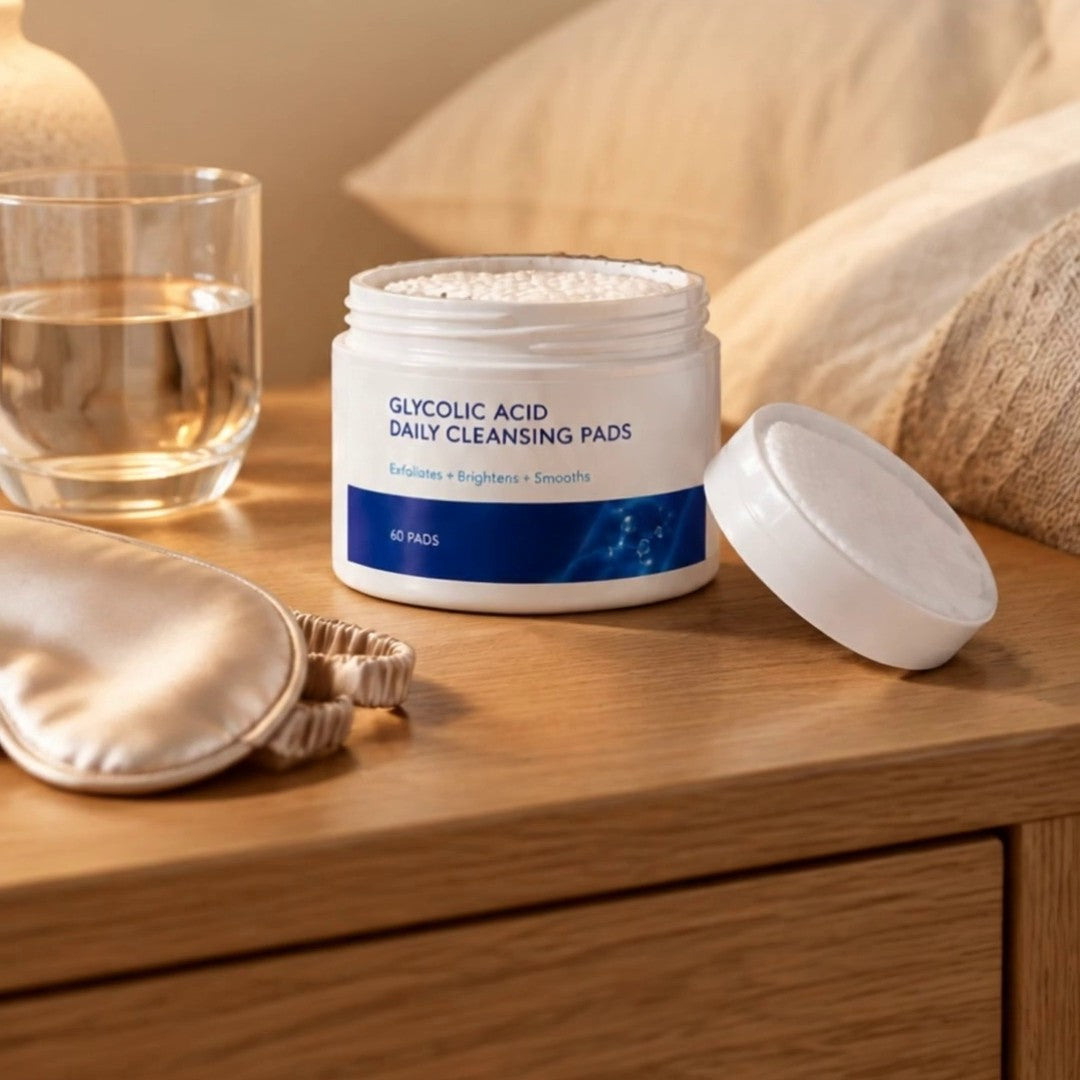 Luminelle Glycolic Acid Daily Cleansing Pads jar on a nightstand, part of a 10-second night routine