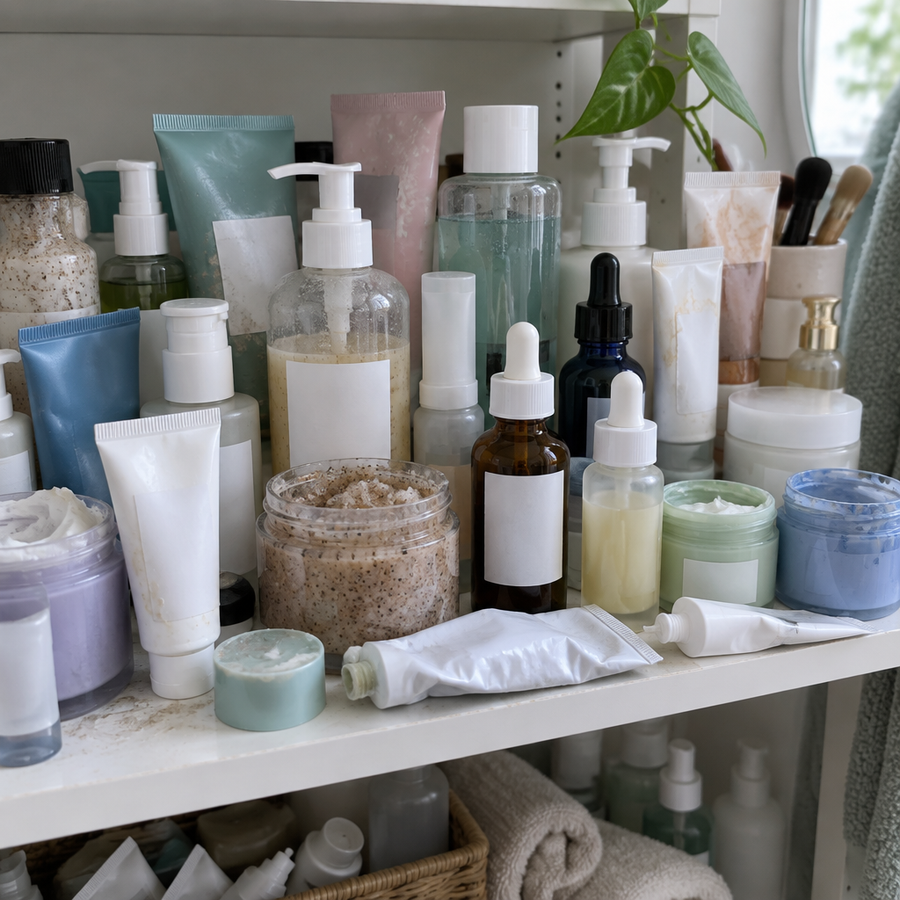 Shelf crowded with half-used skincare products
