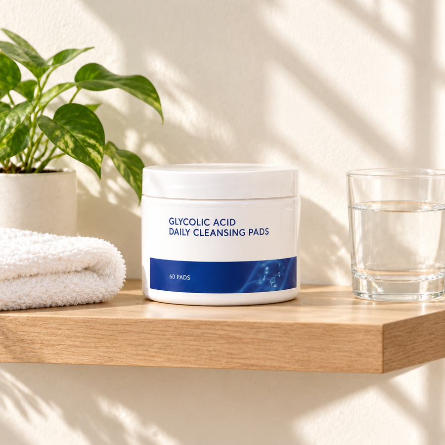 Glow pads jar on a bathroom shelf with a plant